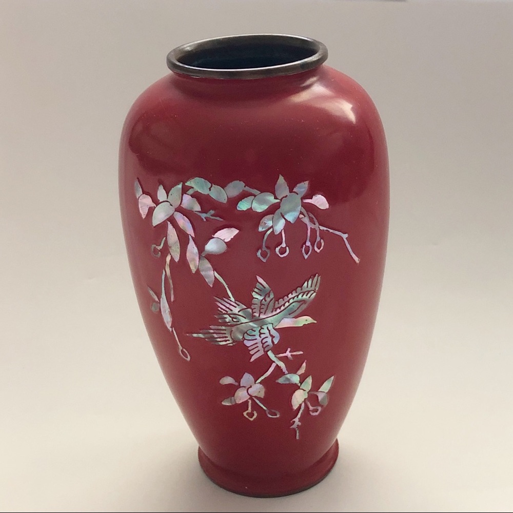 Vintage Japanese Red Enamel Mother of Pearl Inlay Vase